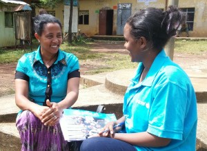 Yitayesh Akalu, Expert at the Women, Children and Youth Affairs Office (WCYAO) in Dangla Woreda (District), Amhara, Ethiopia with Meseret Debalkie, Child Protection Officer, UNICEF Ethiopia